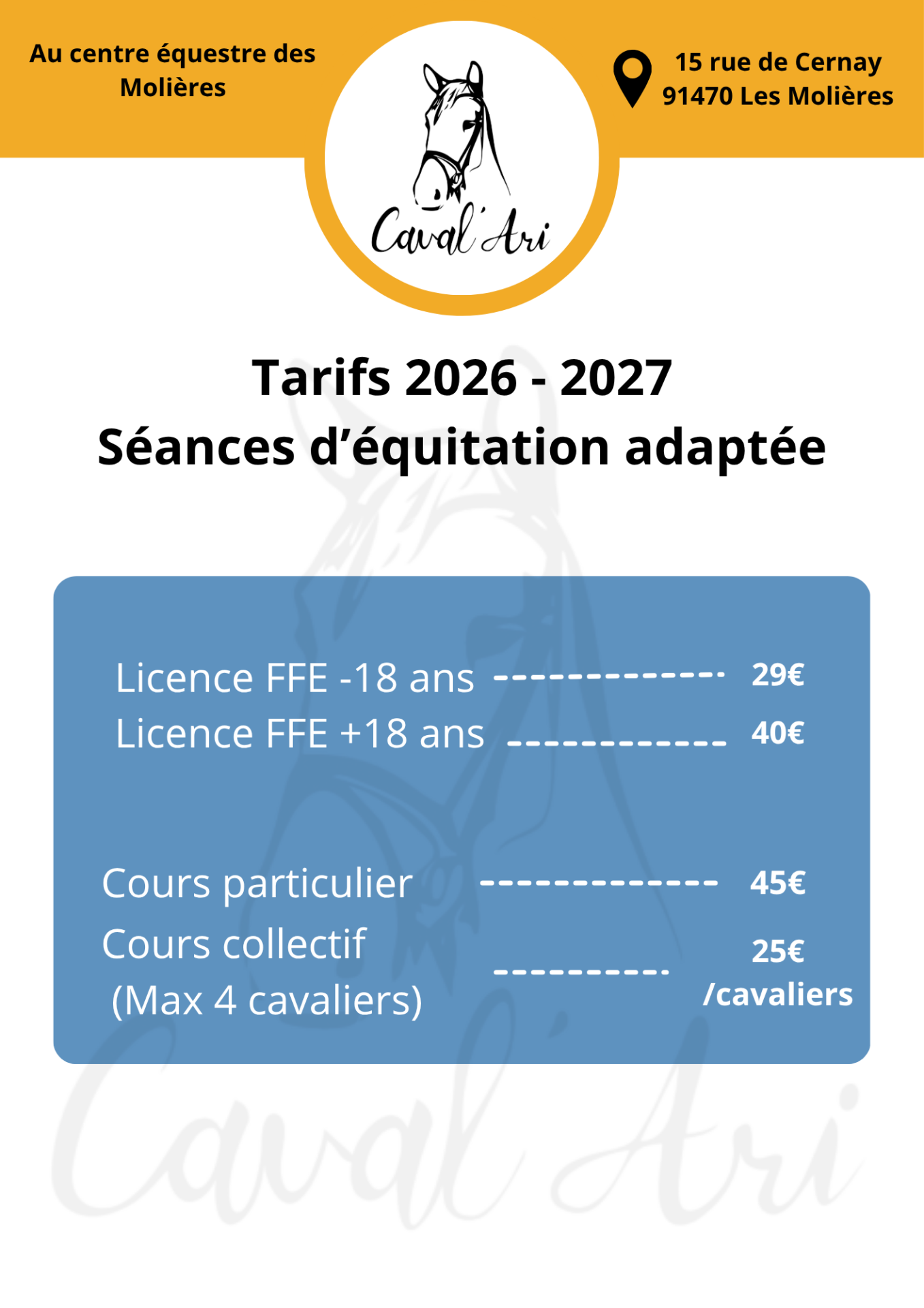 Tarif équitation adaptée 2026 - 2027